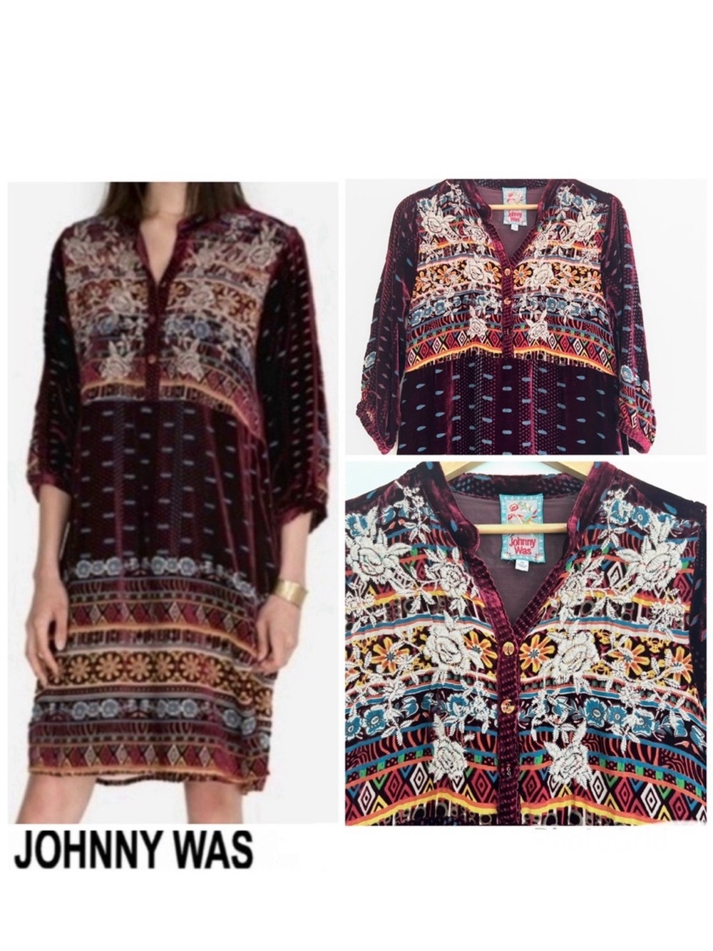 JOHNNY WAS Hania Multicolor Embroidery Burgundy Velvet Bohemian Mini Dress Sz XS